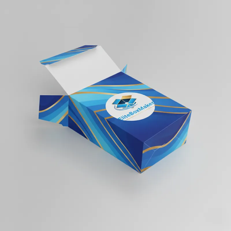 An unfolded template for an auto-bottom lock box, featuring the main body, top tuck flaps, and automatically locking bottom panels.